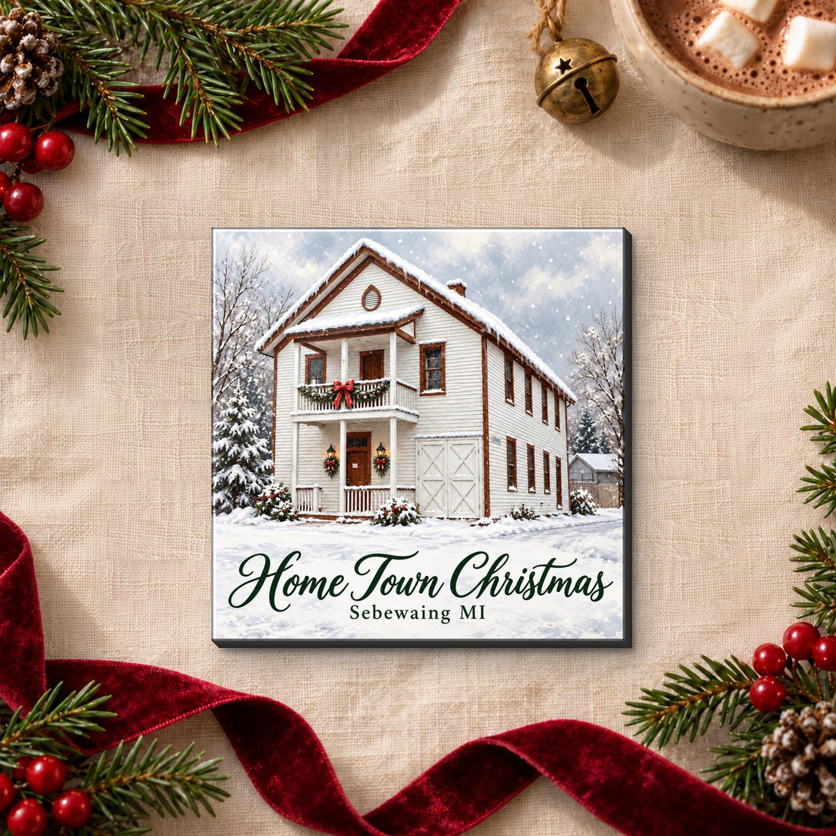 Home Town Christmas Sebewaing white building magnet