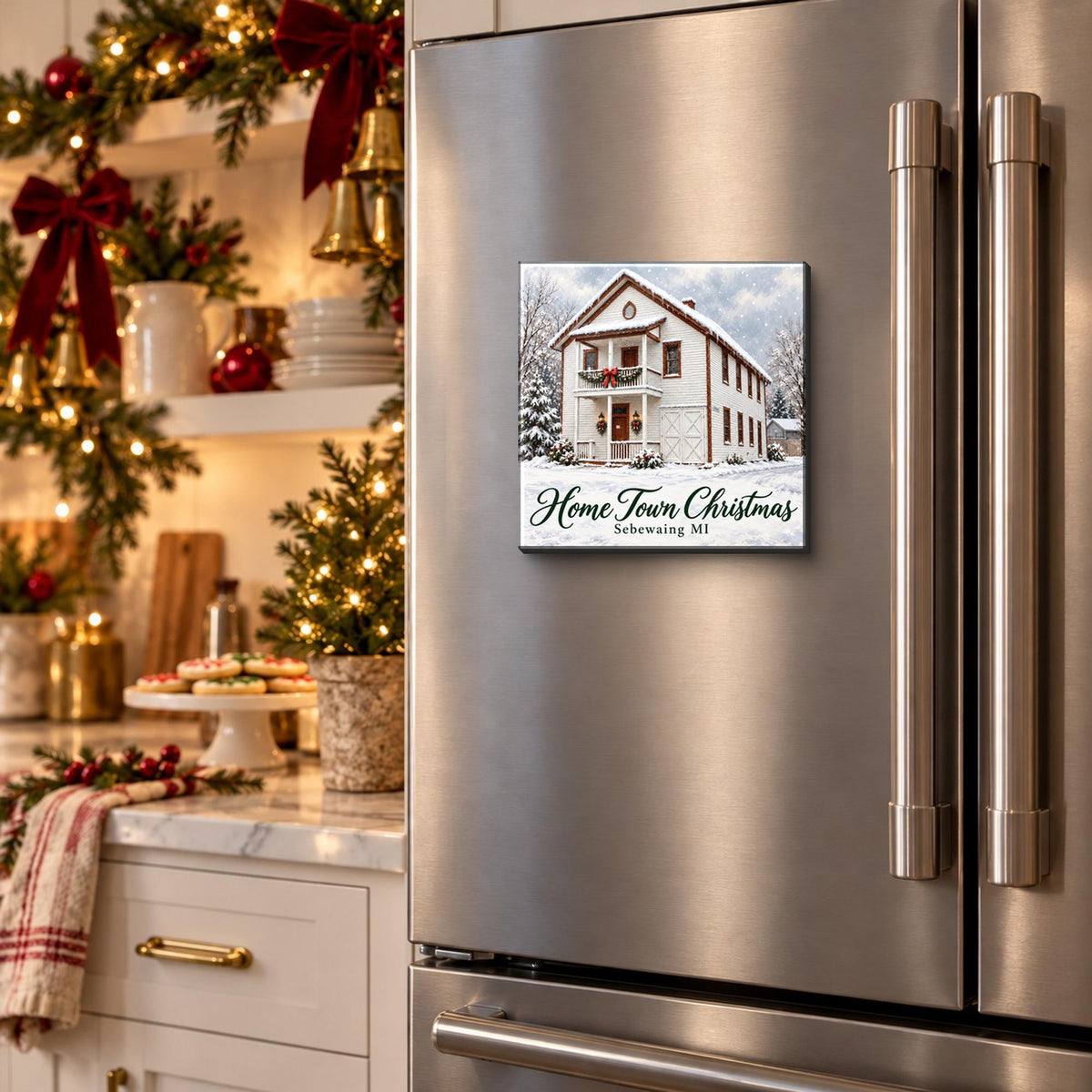 Home Town Christmas white building magnet on a fridge