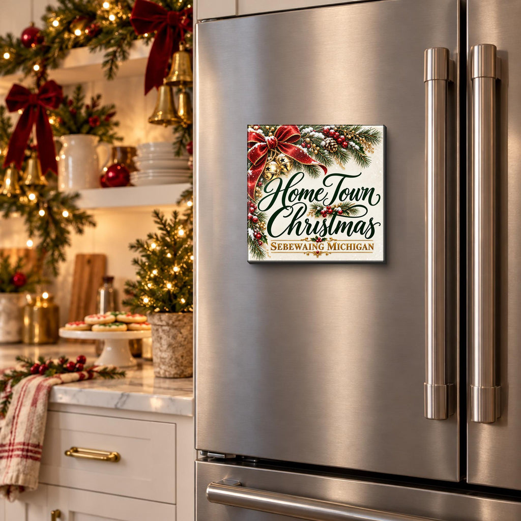 Home Town Christmas greenery magnet on a fridge
