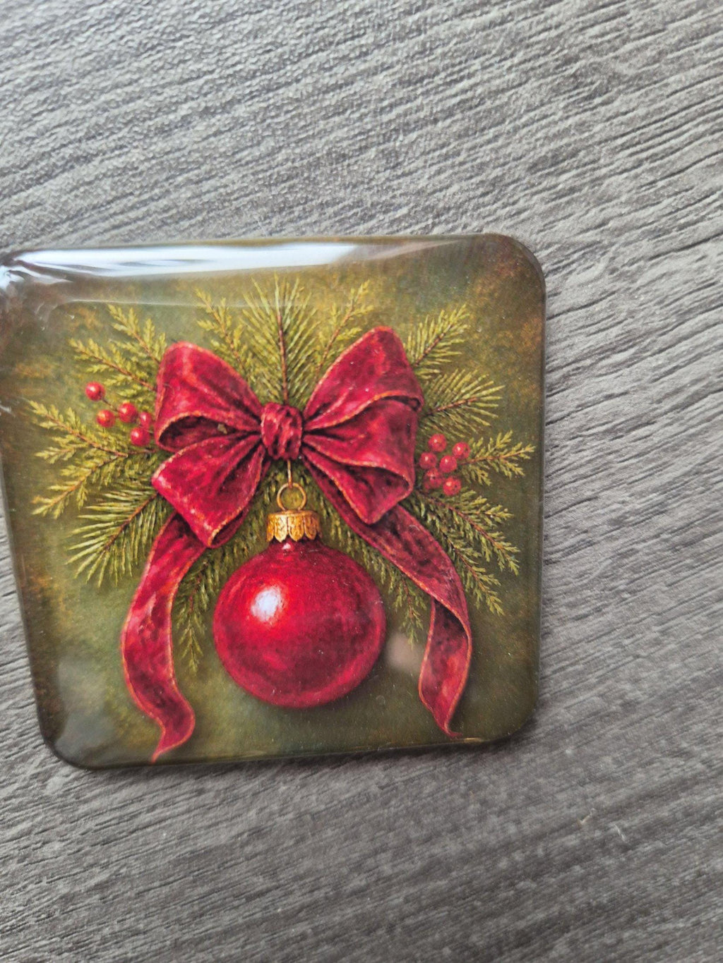 Vintage Christmas red ornament magnet, real photo