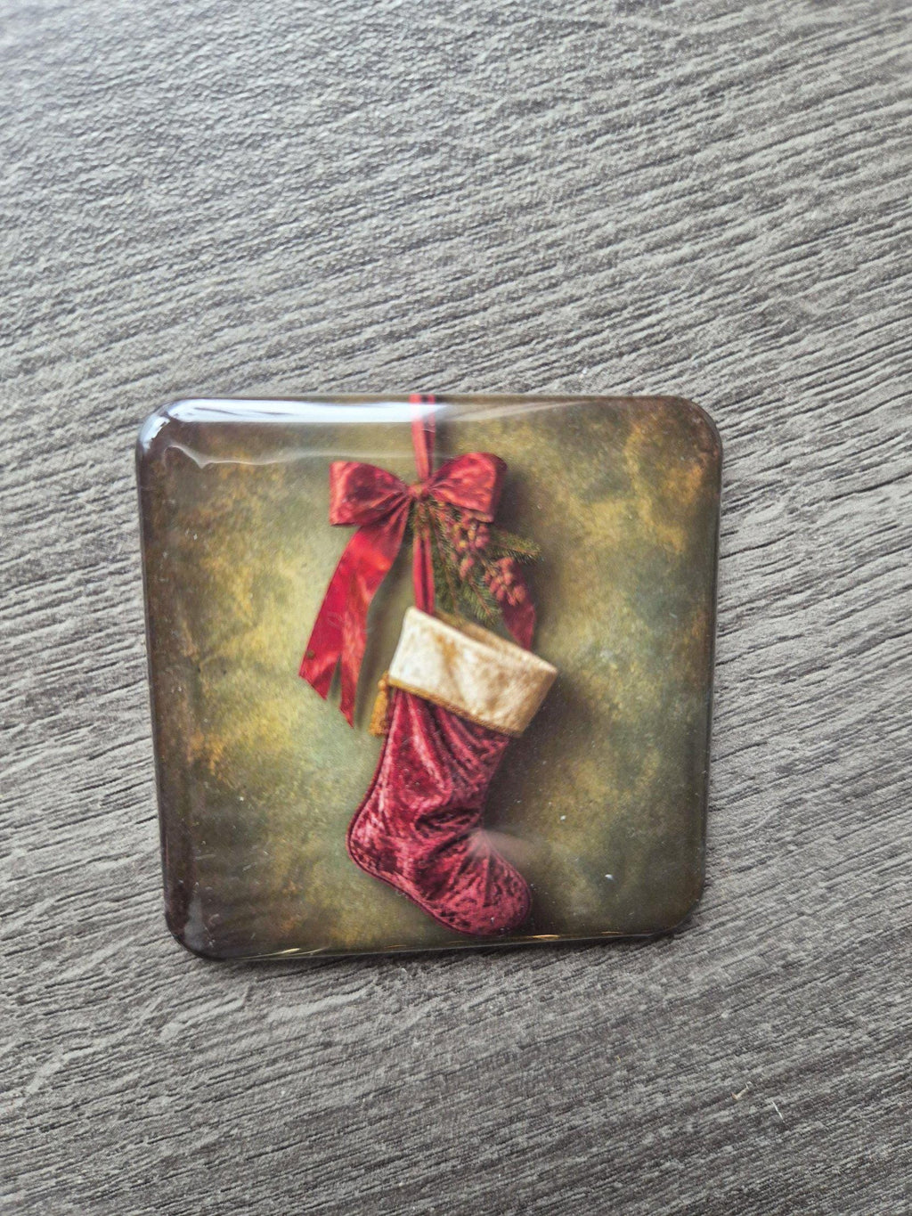 Vintage Christmas velvet stocking magnet, real photo