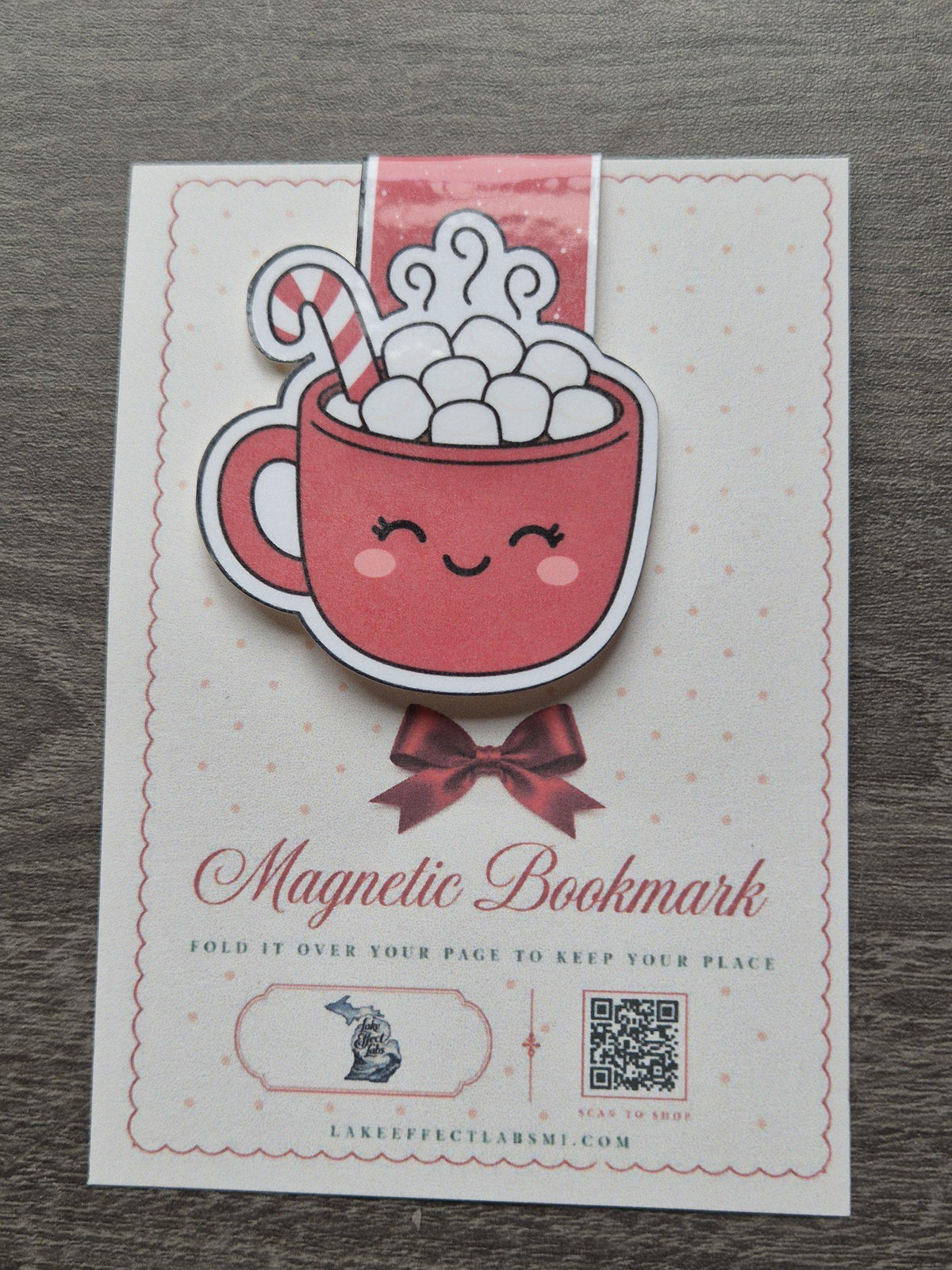 Hot cocoa magnetic bookmark on backing card, real photo