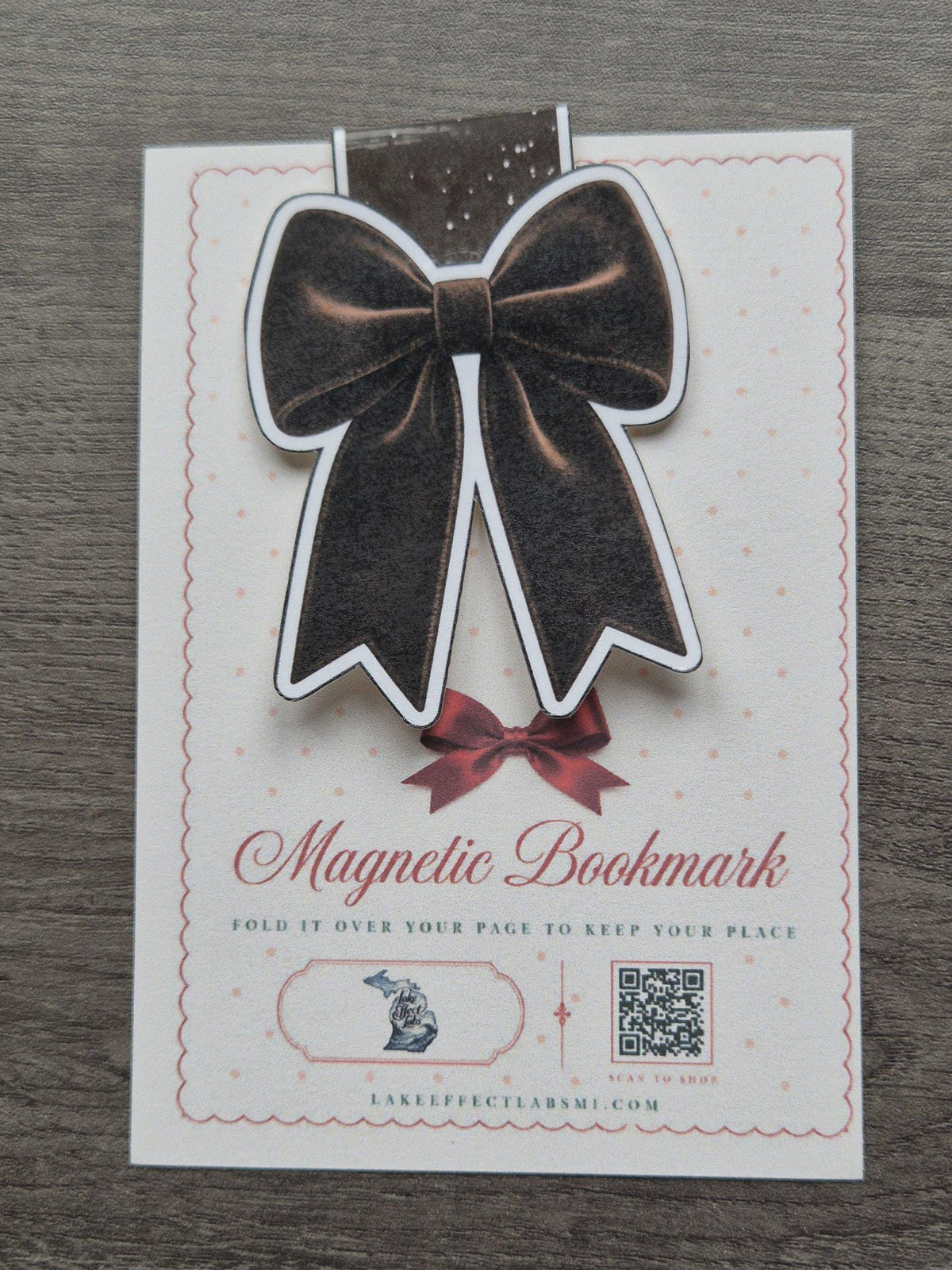 Brown velvet bow magnetic bookmark on backing card, real photo