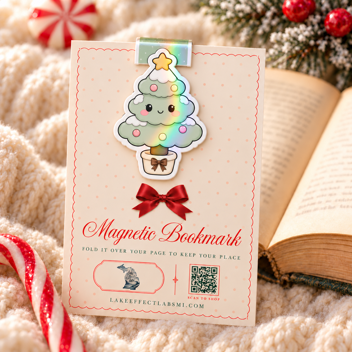 Christmas tree holographic magnetic bookmark on backing card