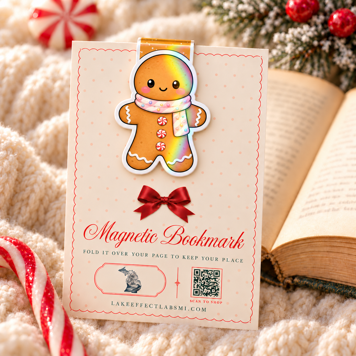 Gingerbread man holographic magnetic bookmark on backing card