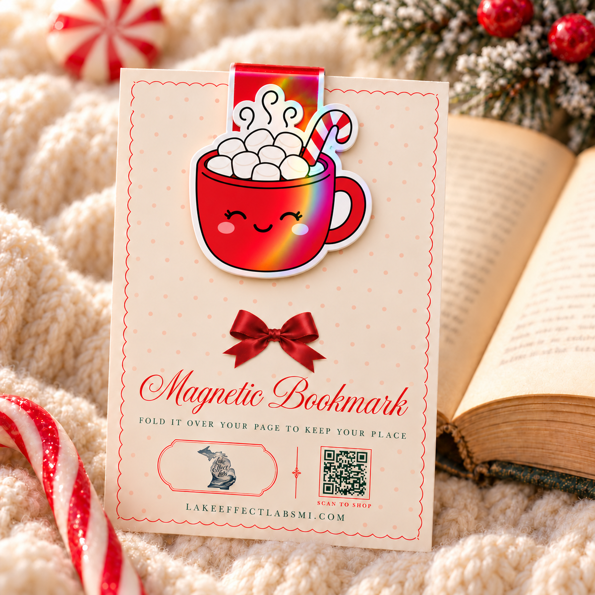 Hot cocoa mug holographic magnetic bookmark on backing card