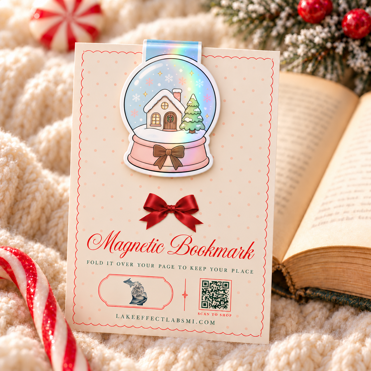 Snow globe holographic magnetic bookmark on backing card