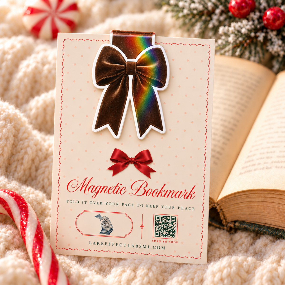 Brown velvet bow holographic magnetic bookmark on backing card