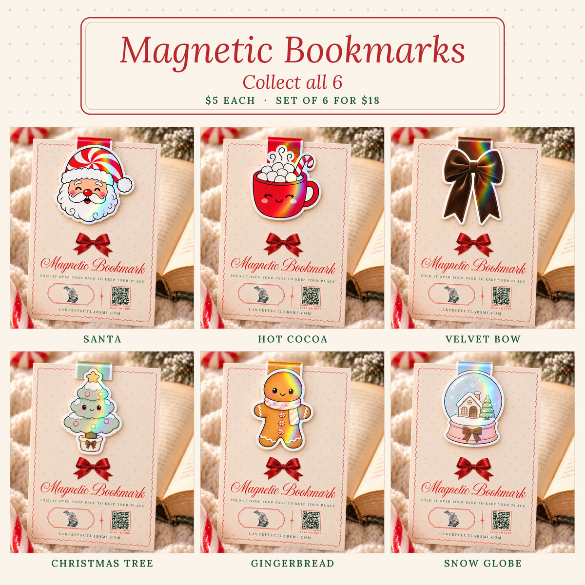 All 6 Christmas holographic magnetic bookmarks: Santa, hot cocoa, velvet bow, Christmas tree, gingerbread, snow globe