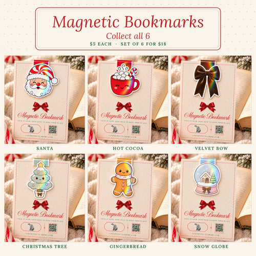 All 6 Christmas holographic magnetic bookmarks: Santa, hot cocoa, velvet bow, Christmas tree, gingerbread, snow globe