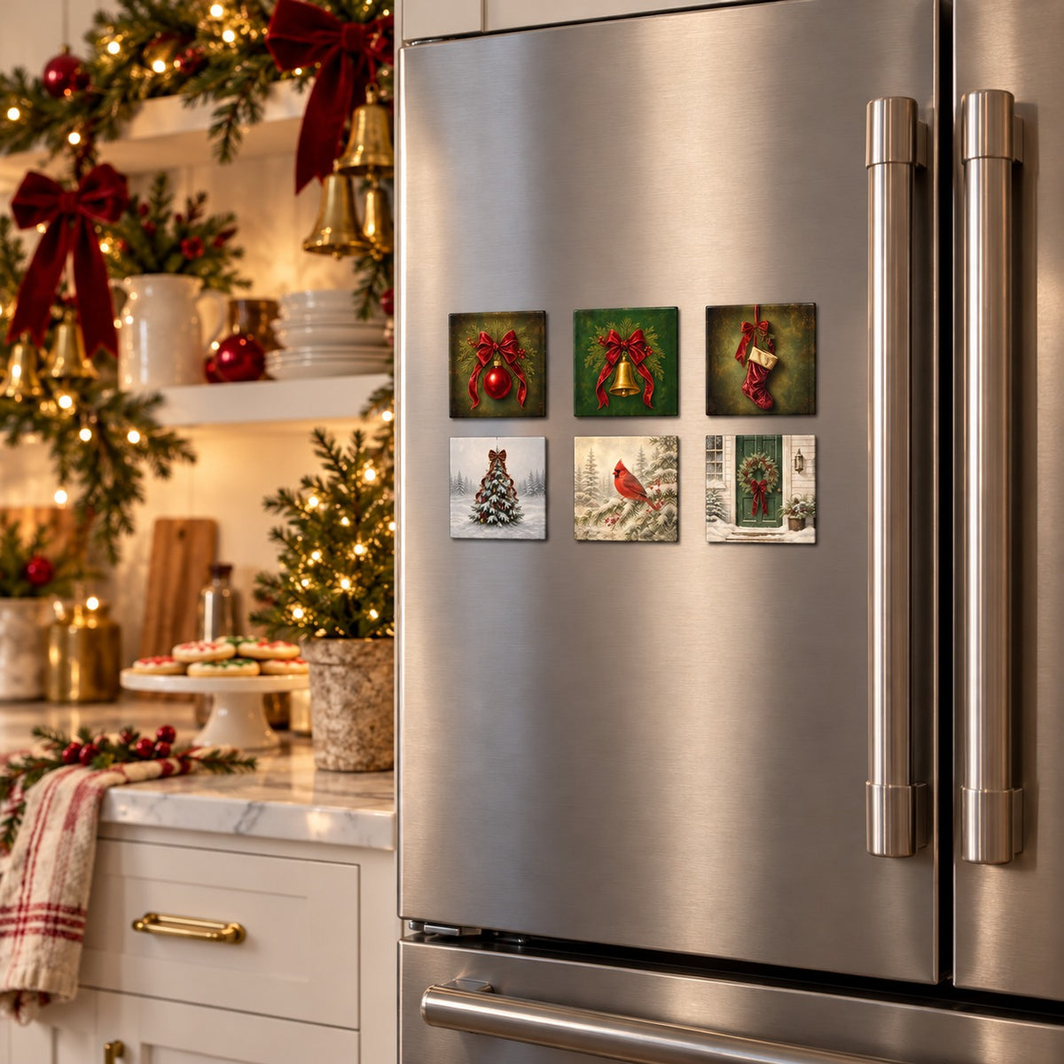 Christmas magnet set on a stainless refrigerator in a decorated holiday kitchen