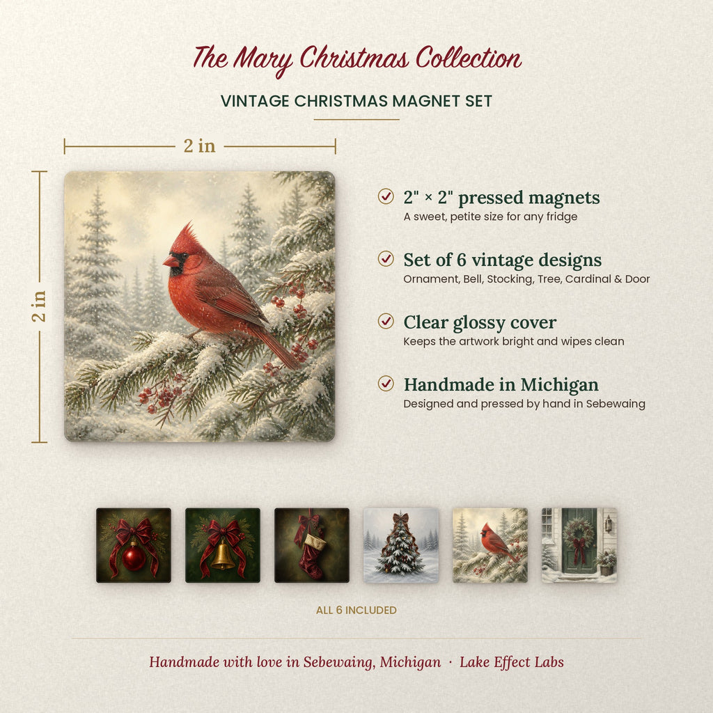 Magnet set size and details: 2 x 2 inch pressed magnets, set of 6, handmade in Michigan
