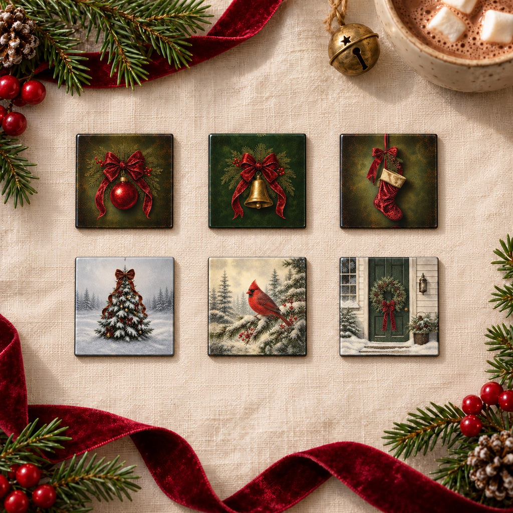 Vintage Christmas magnet set of 6 on cream linen with burgundy velvet ribbon and evergreen