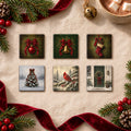 Vintage Christmas magnet set of 6 on cream linen with burgundy velvet ribbon and evergreen