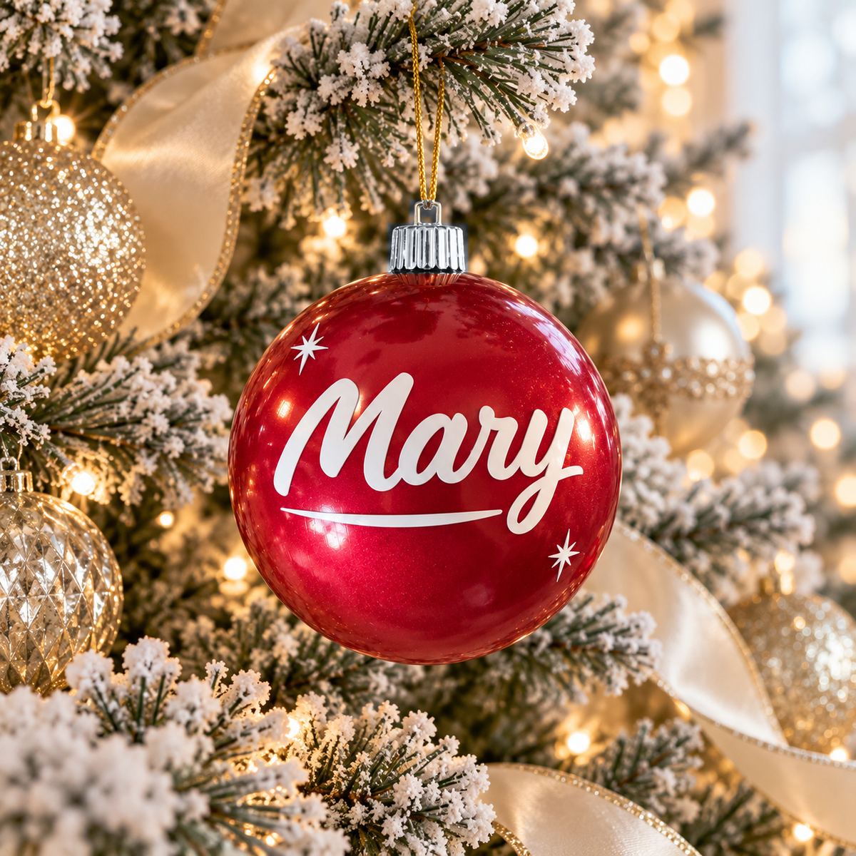 Close-up of red name ornament with white script and silver cap on a gold and white tree