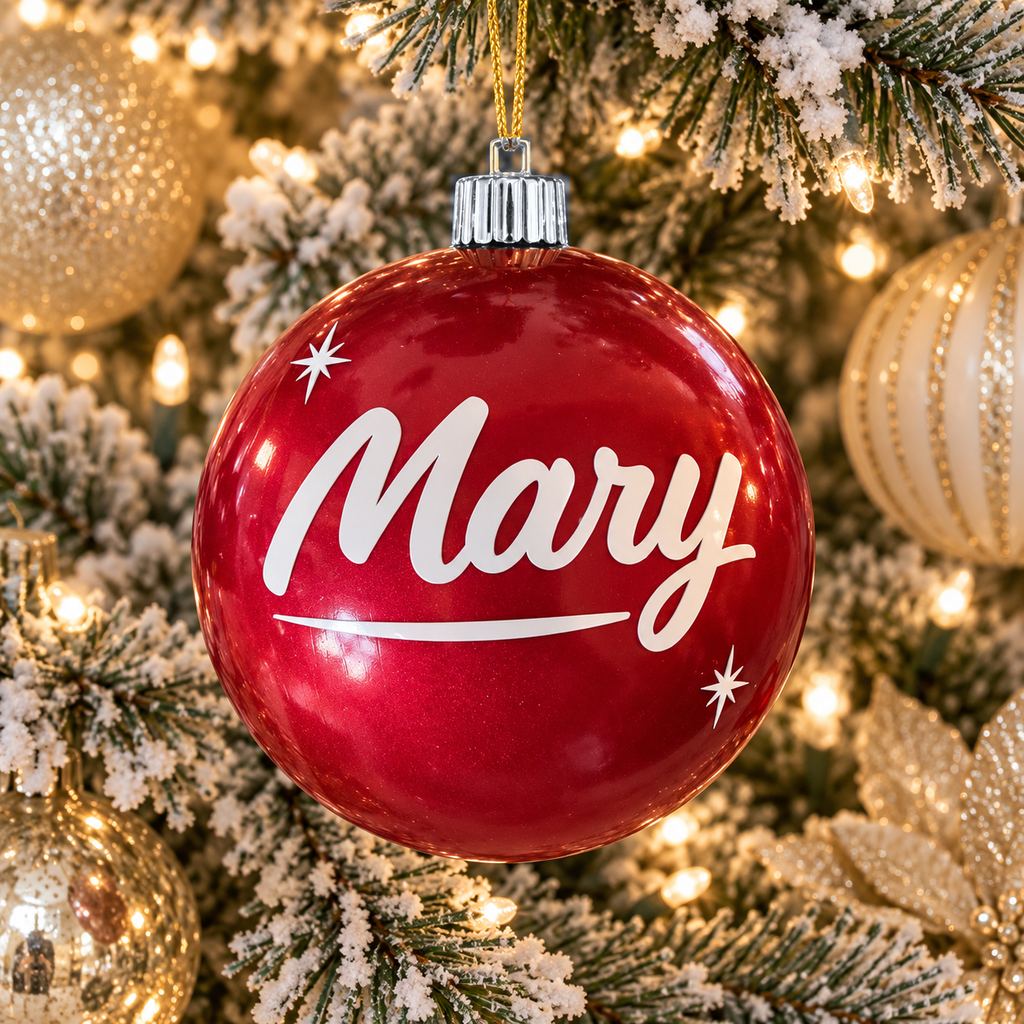 Personalized red name ornament with Mary in white script and silver cap hanging on a flocked Christmas tree