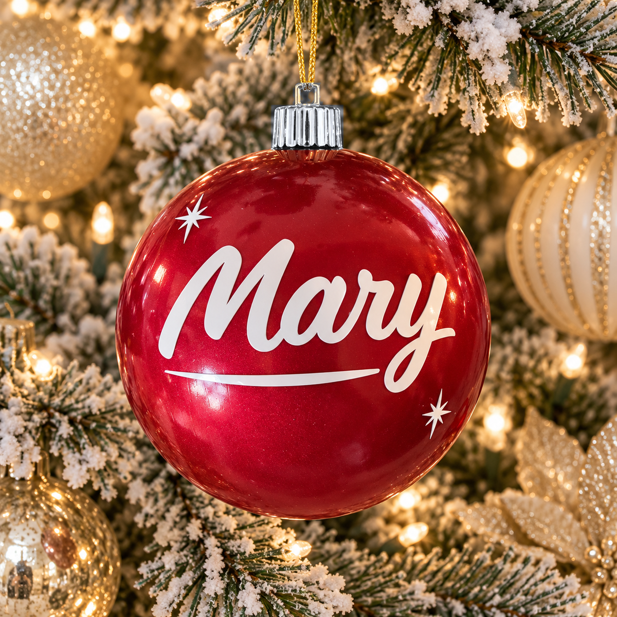 Personalized red name ornament with Mary in white script and silver cap hanging on a flocked Christmas tree