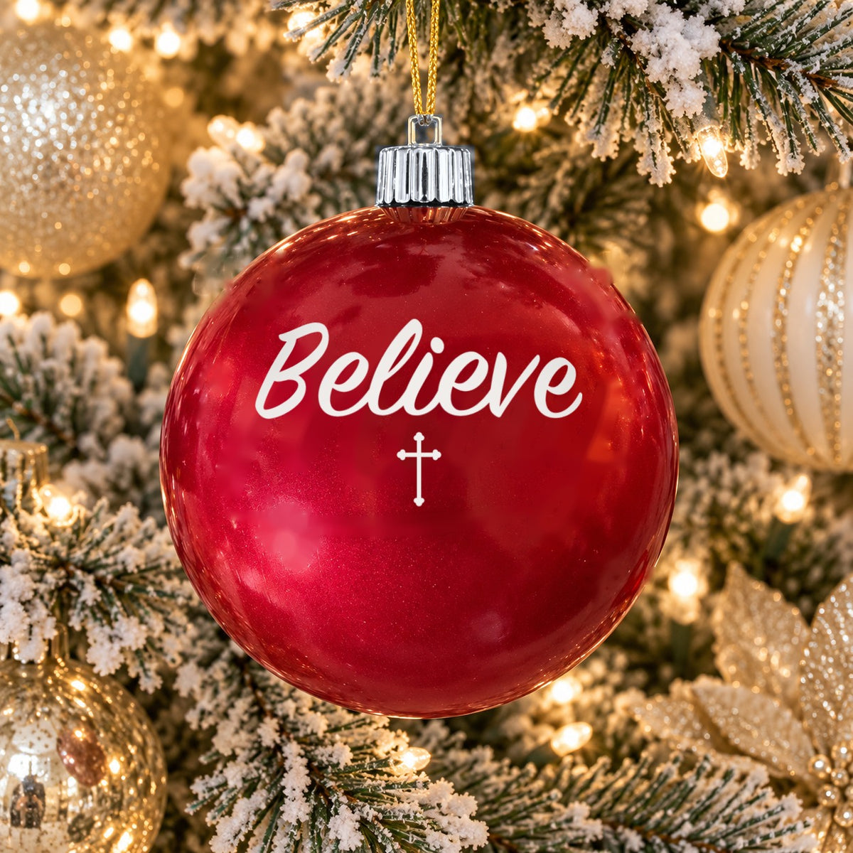 Red name ornament with silver cap - Believe - Cross design (digital mockup)
