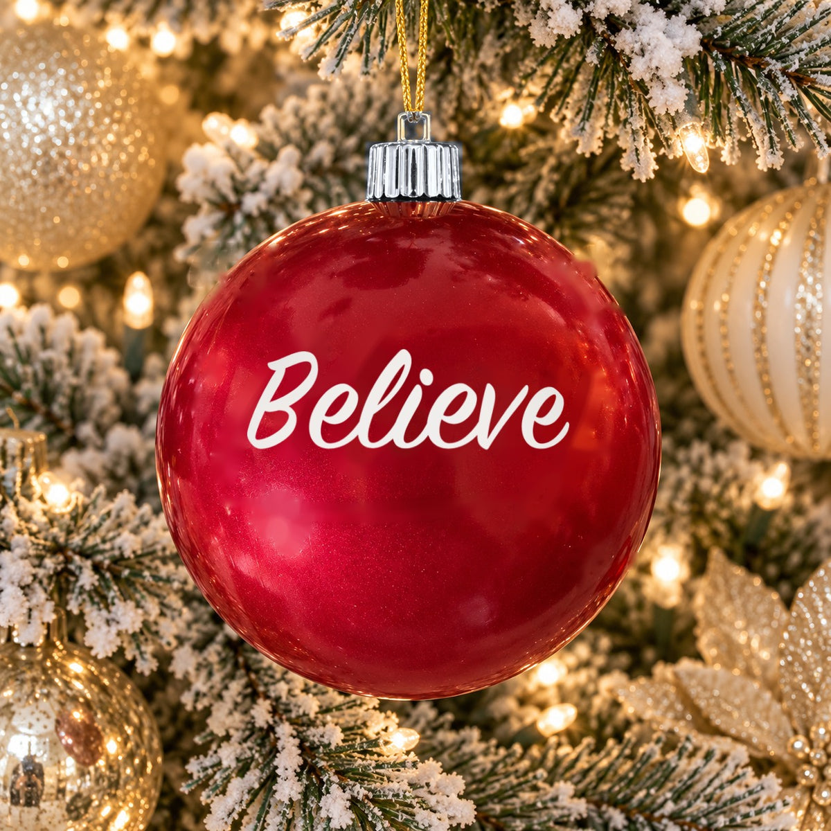 Red name ornament with silver cap - Believe - Plain design (digital mockup)