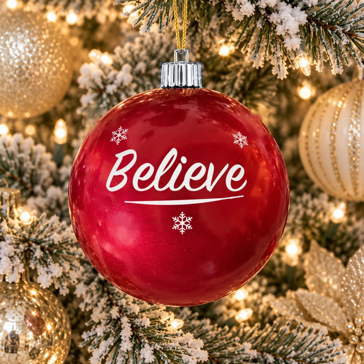 Red name ornament with silver cap - Believe - Snowflakes design (digital mockup)