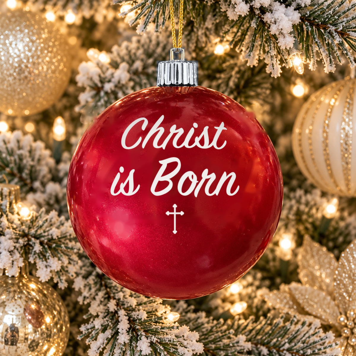 Red name ornament with silver cap - Christ is Born - Cross design (digital mockup)