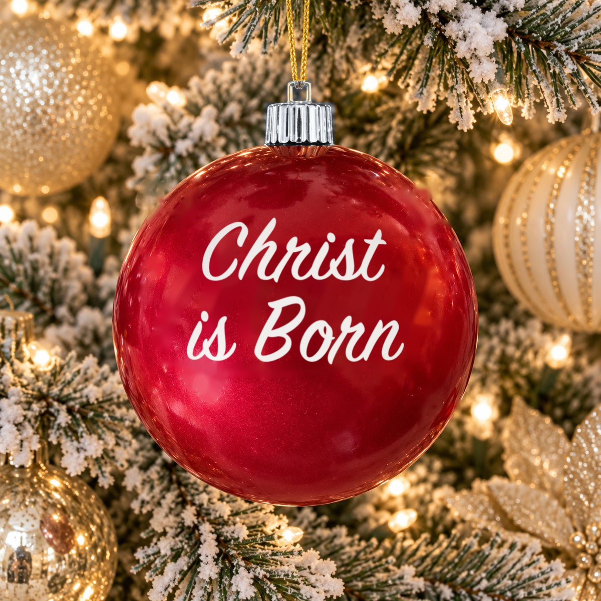 Red name ornament with silver cap - Christ is Born - Plain design (digital mockup)