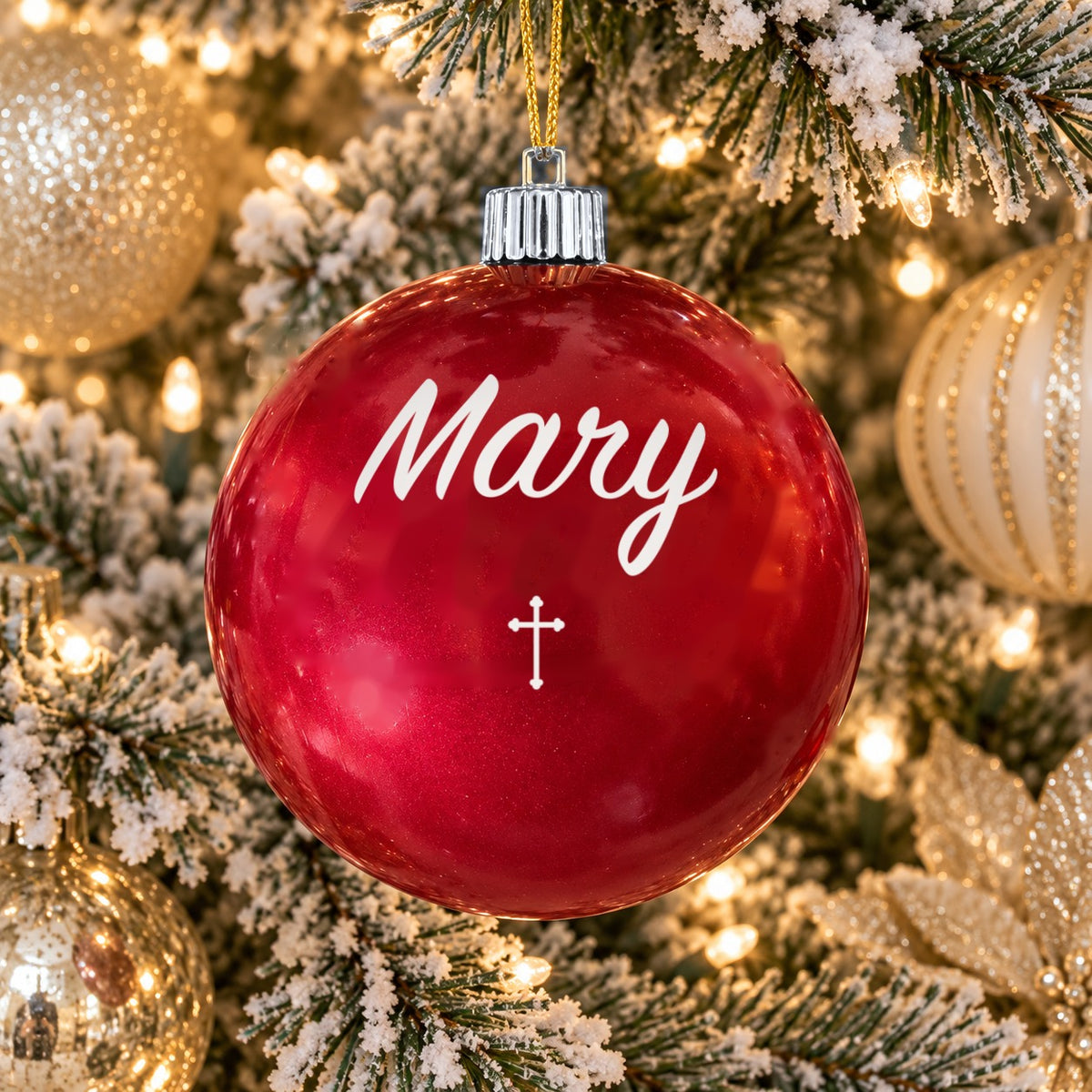 Red name ornament with silver cap - Custom name - Cross design (digital mockup)