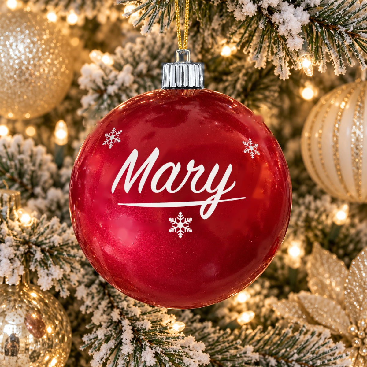 Red name ornament with silver cap - Custom name - Snowflakes design (digital mockup)