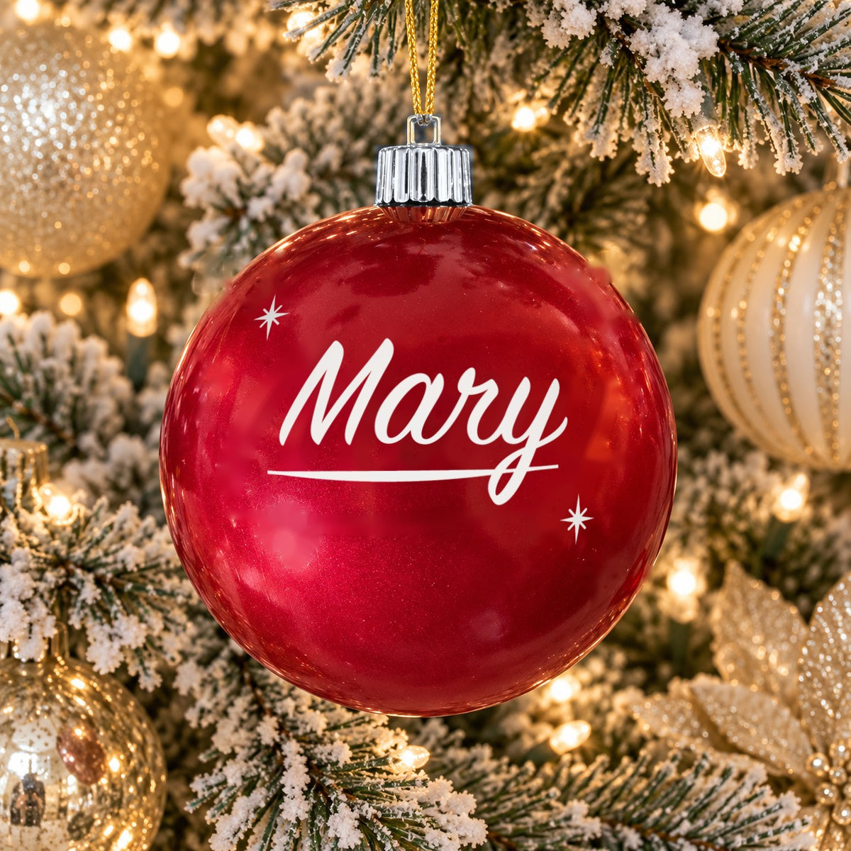 Red name ornament with silver cap - Custom name - Sparkles design (digital mockup)