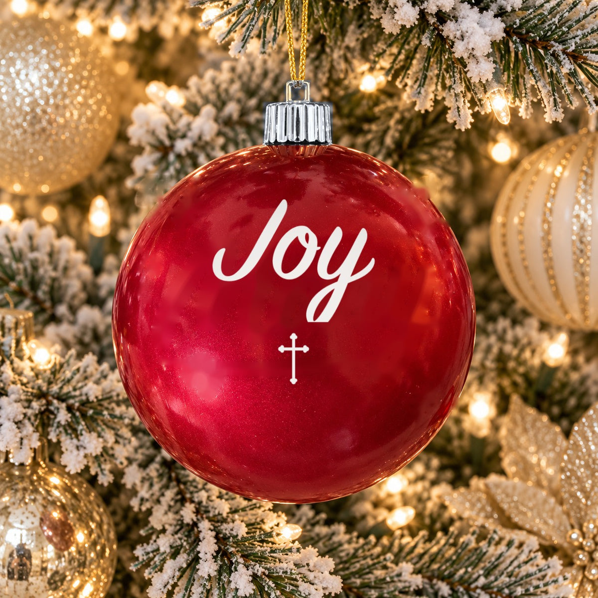 Red name ornament with silver cap - Joy - Cross design (digital mockup)
