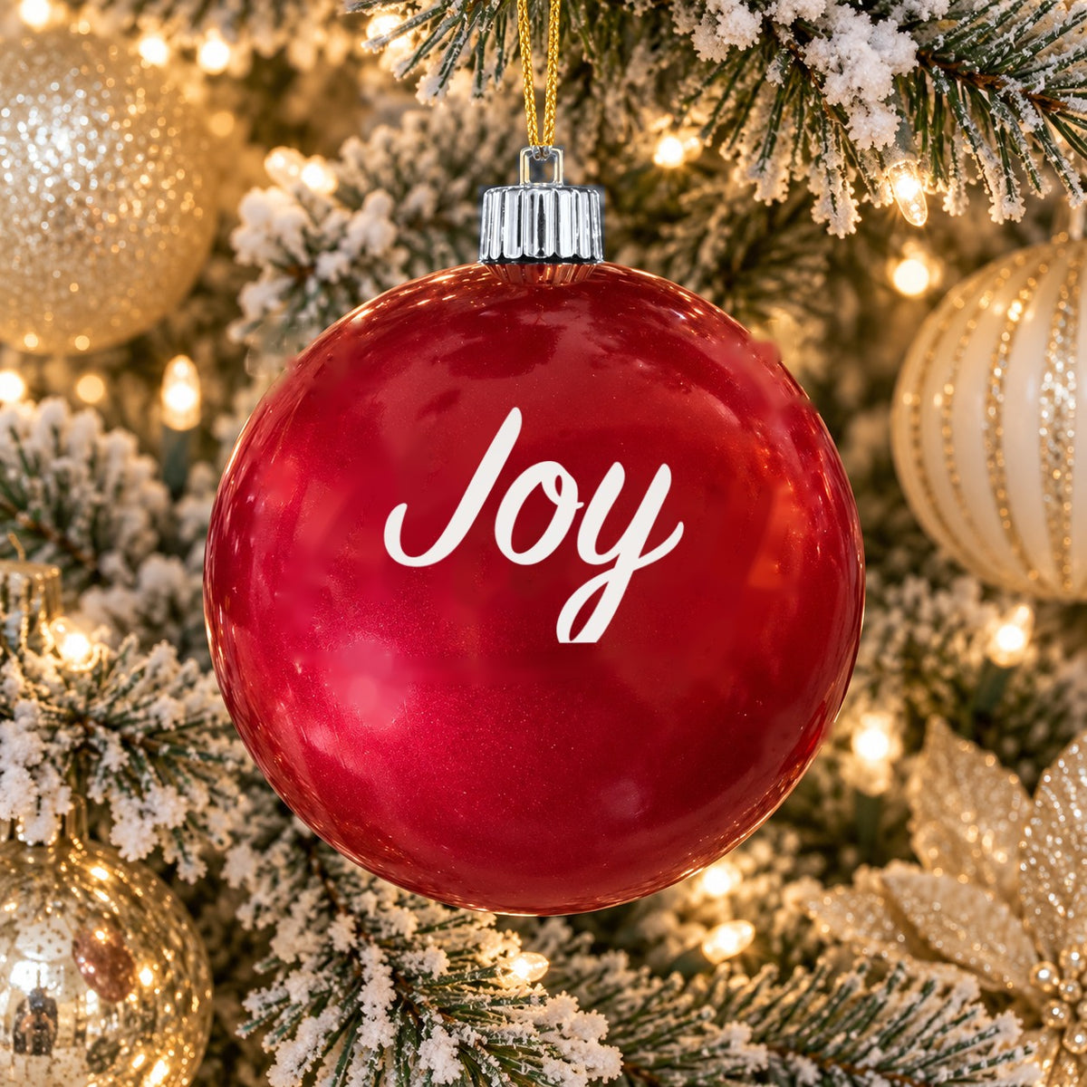 Red name ornament with silver cap - Joy - Plain design (digital mockup)