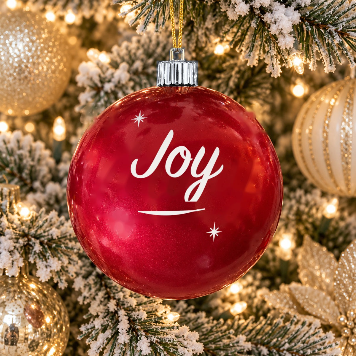 Red name ornament with silver cap - Joy - Sparkles design (digital mockup)