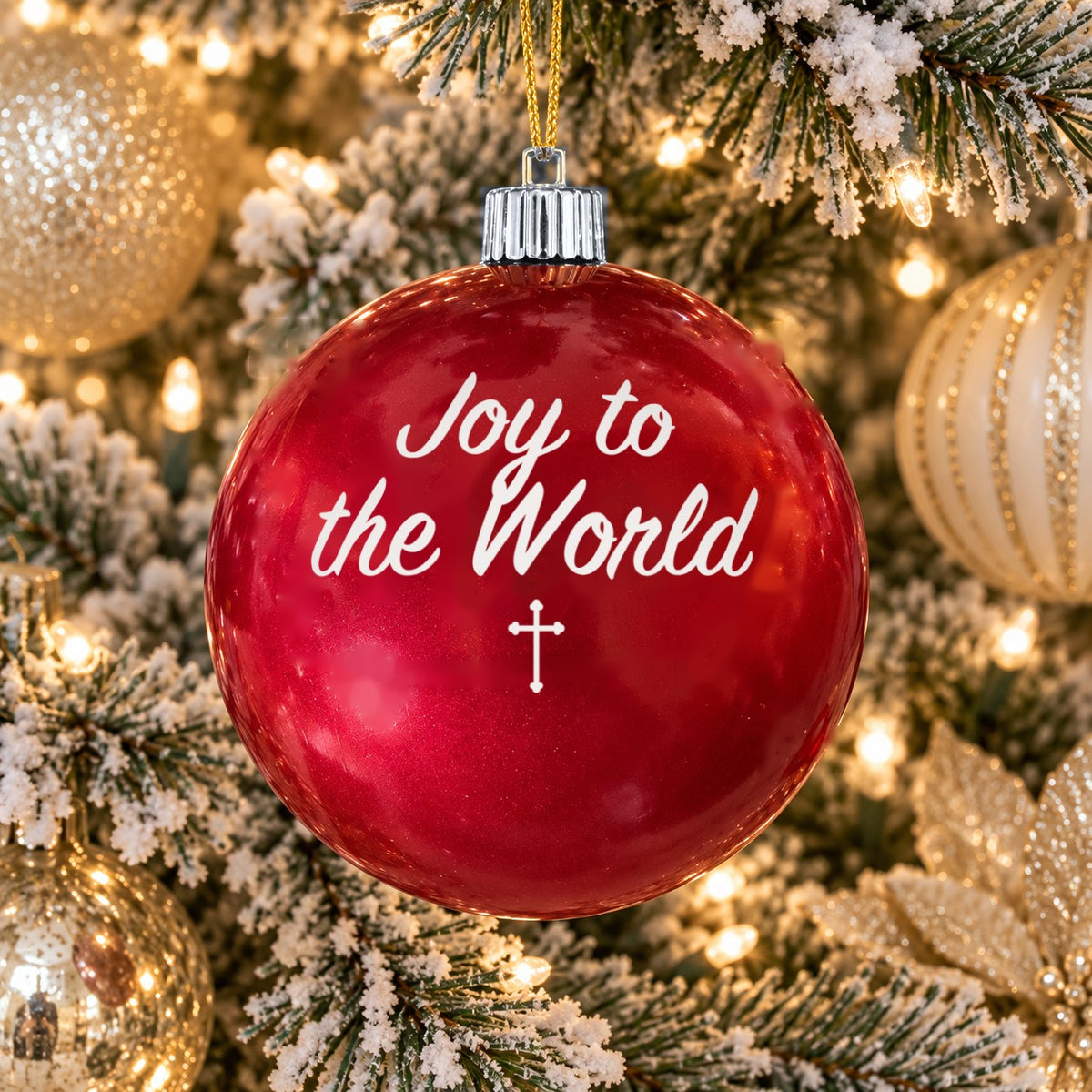Red name ornament with silver cap - Joy to the World - Cross design (digital mockup)