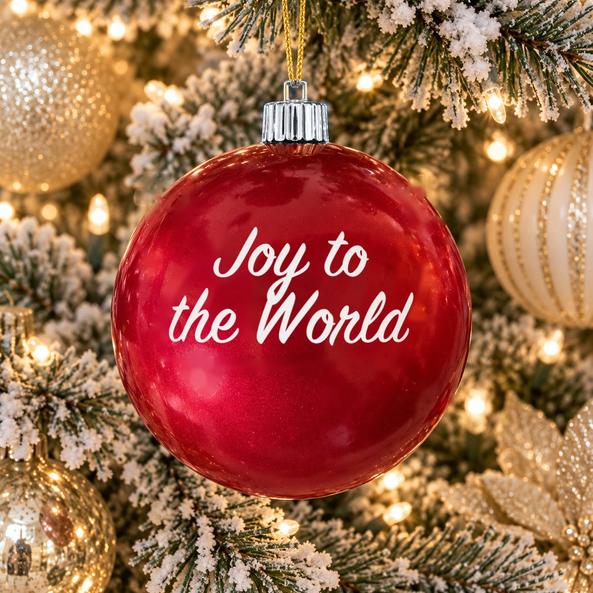Red name ornament with silver cap - Joy to the World - Plain design (digital mockup)