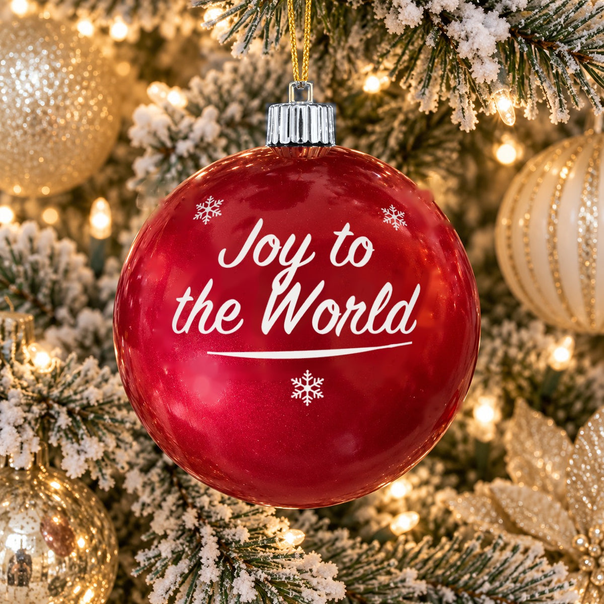 Red name ornament with silver cap - Joy to the World - Snowflakes design (digital mockup)