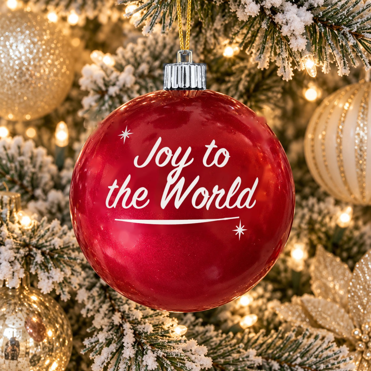 Red name ornament with silver cap - Joy to the World - Sparkles design (digital mockup)