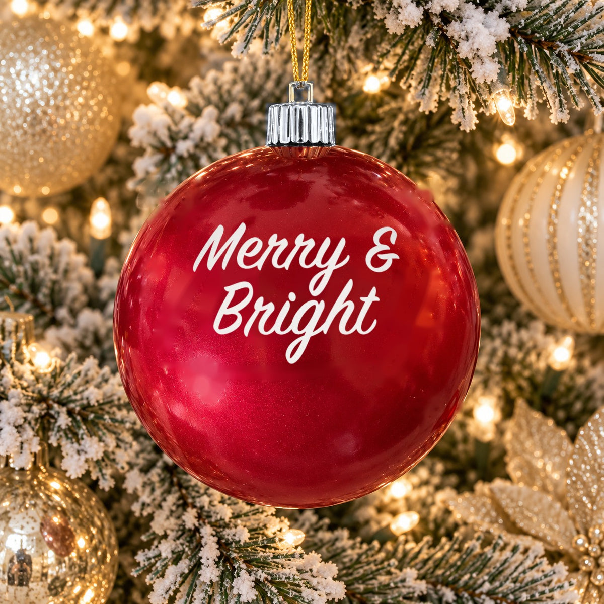 Red name ornament with silver cap - Merry & Bright - Plain design (digital mockup)