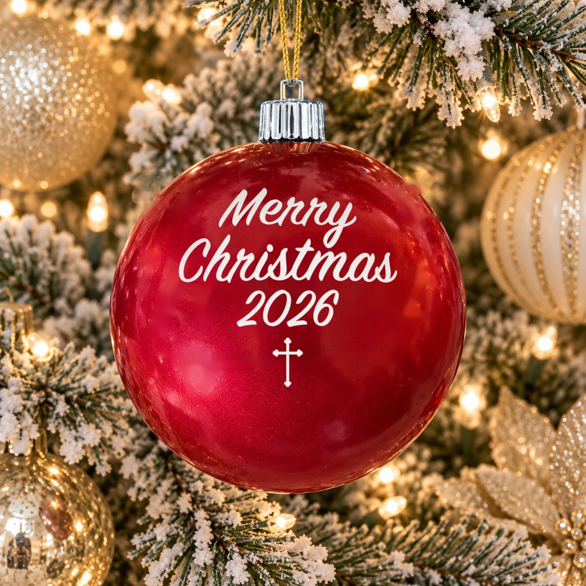 Red name ornament with silver cap - Merry Christmas 2026 - Cross design (digital mockup)