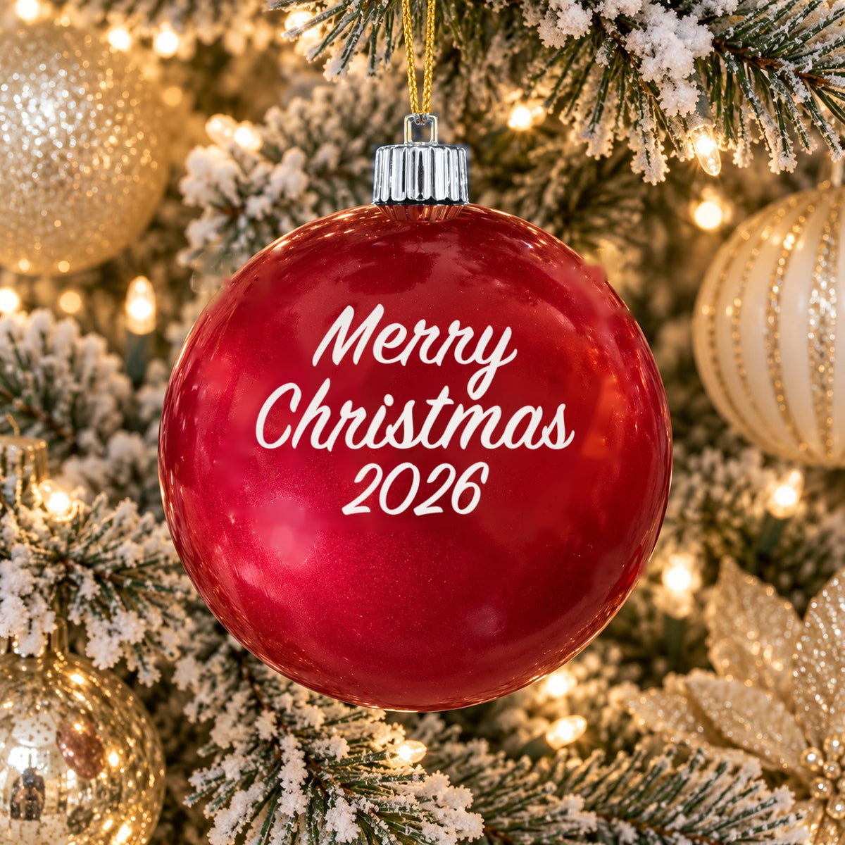 Red name ornament with silver cap - Merry Christmas 2026 - Plain design (digital mockup)