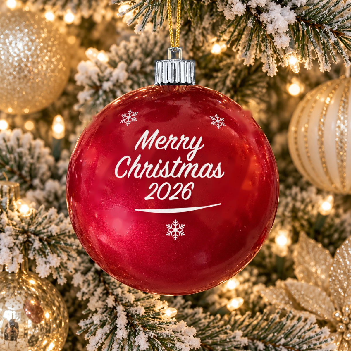 Red name ornament with silver cap - Merry Christmas 2026 - Snowflakes design (digital mockup)