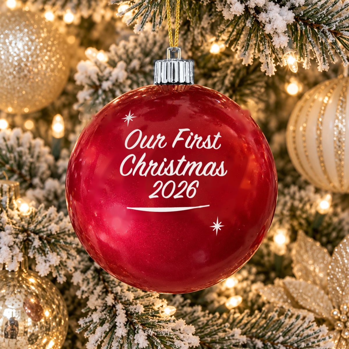 Red name ornament with silver cap - Our First Christmas 2026 - Sparkles design (digital mockup)