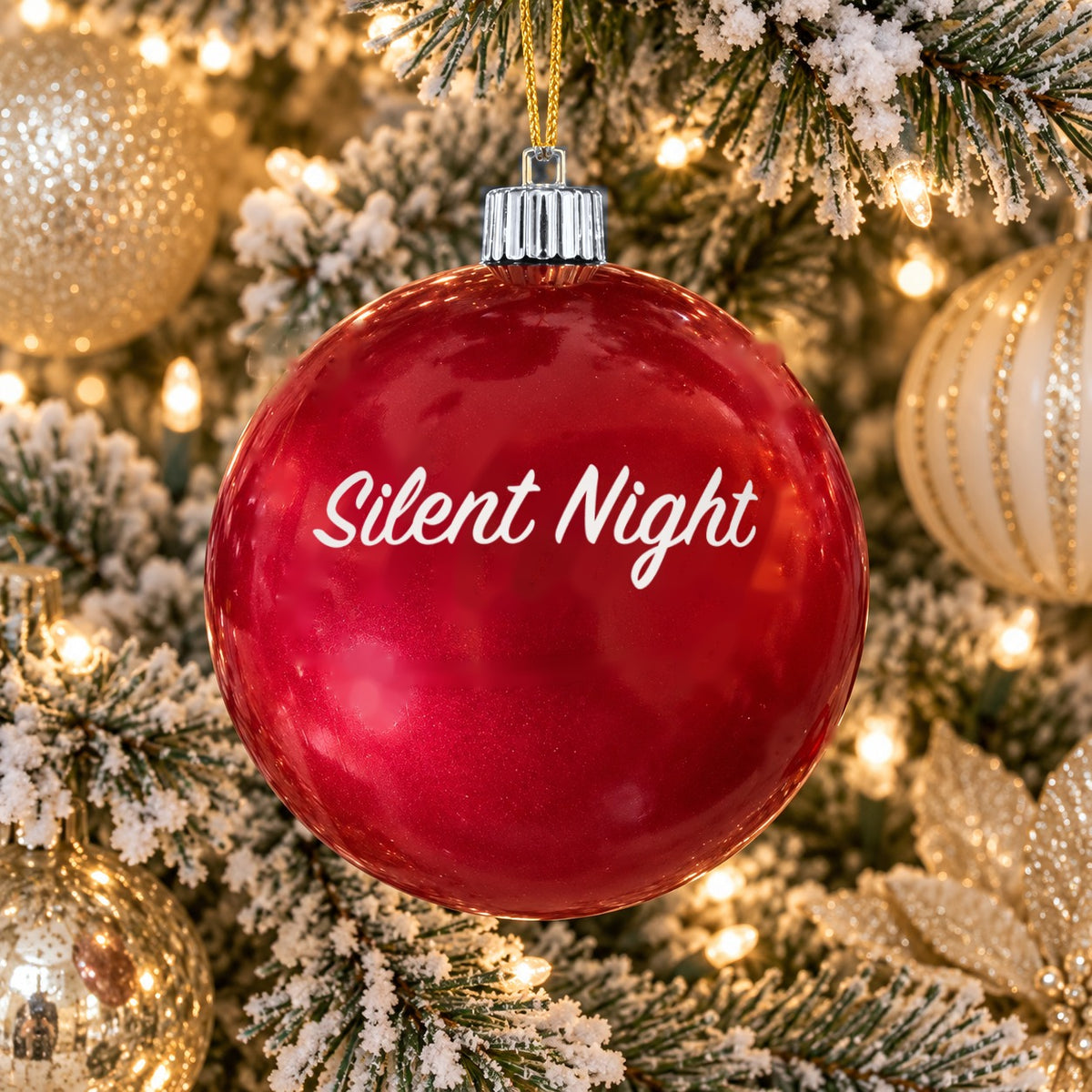 Red name ornament with silver cap - Silent Night - Plain design (digital mockup)
