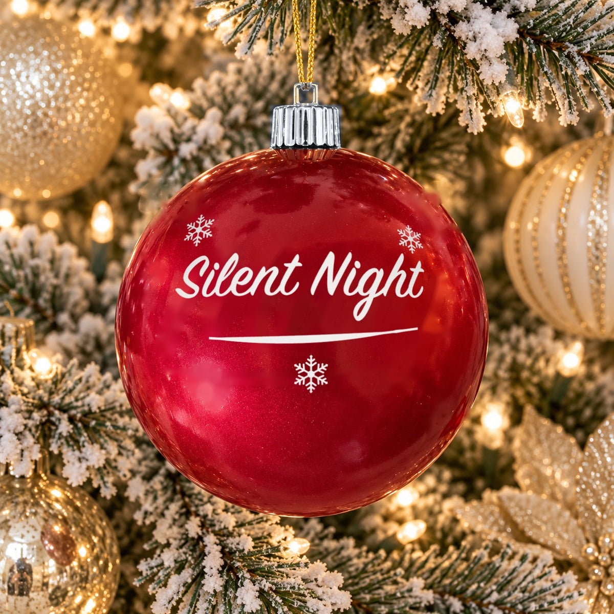 Red name ornament with silver cap - Silent Night - Snowflakes design (digital mockup)