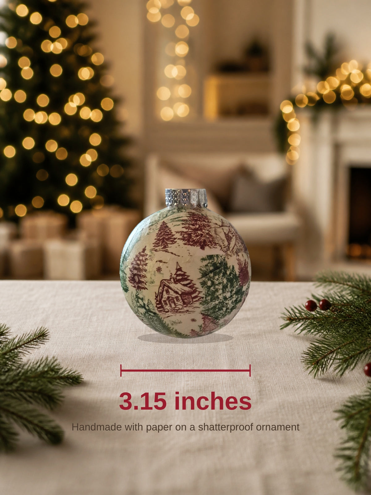 Red and green toile ornament is 3.15 inches, handmade with paper on a shatterproof ornament